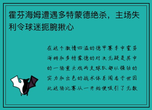 霍芬海姆遭遇多特蒙德绝杀，主场失利令球迷扼腕揪心